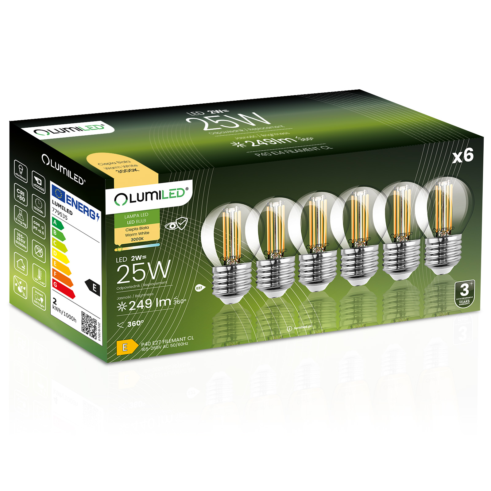 6x Led-lampe E27 Kugel P45 2w = 25w 249lm 3000k Warmweiß 360° Leuchtstoffröhre