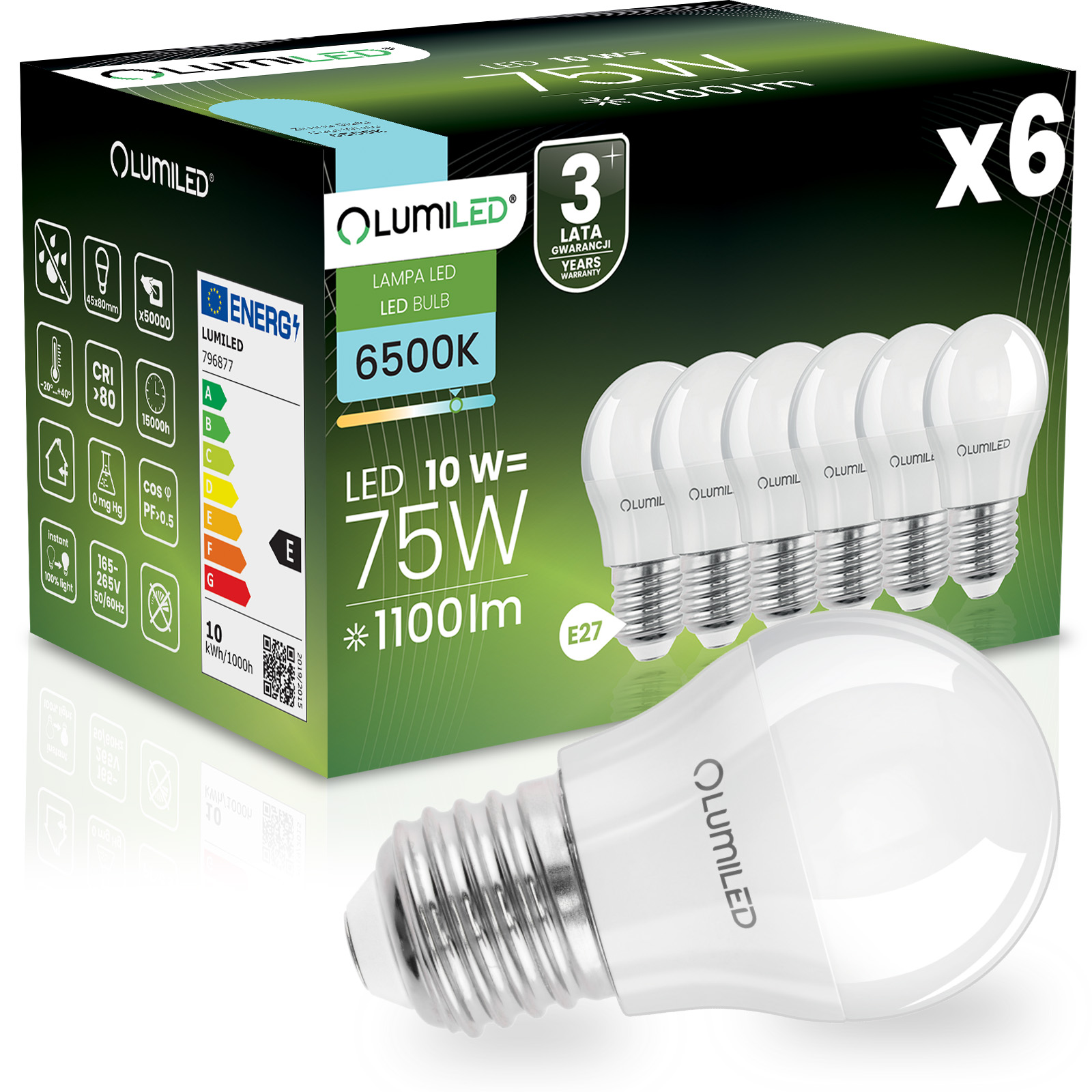 6x Led-lampe E27 Kugel P45 10w = 75w 1100lm 6500k Kaltweiß 180° Abstrahlwinkel