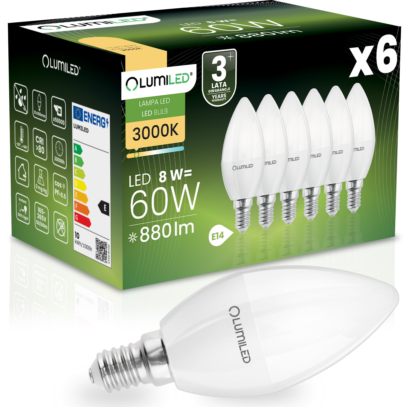 6x Led-lampe E14 Kerzenfassung B35 8w = 60w 880lm 3000k Warmweiß 180° Abstrahlwinkel