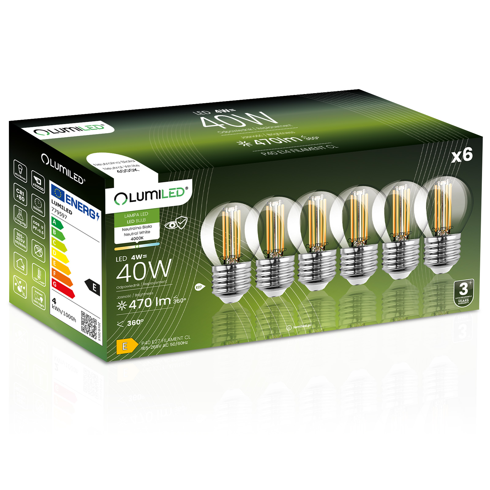 6x Led-lampe E27 Kugel P45 4w = 40w 470lm 4000k Neutralweiß 360° Leuchtstoffröhre