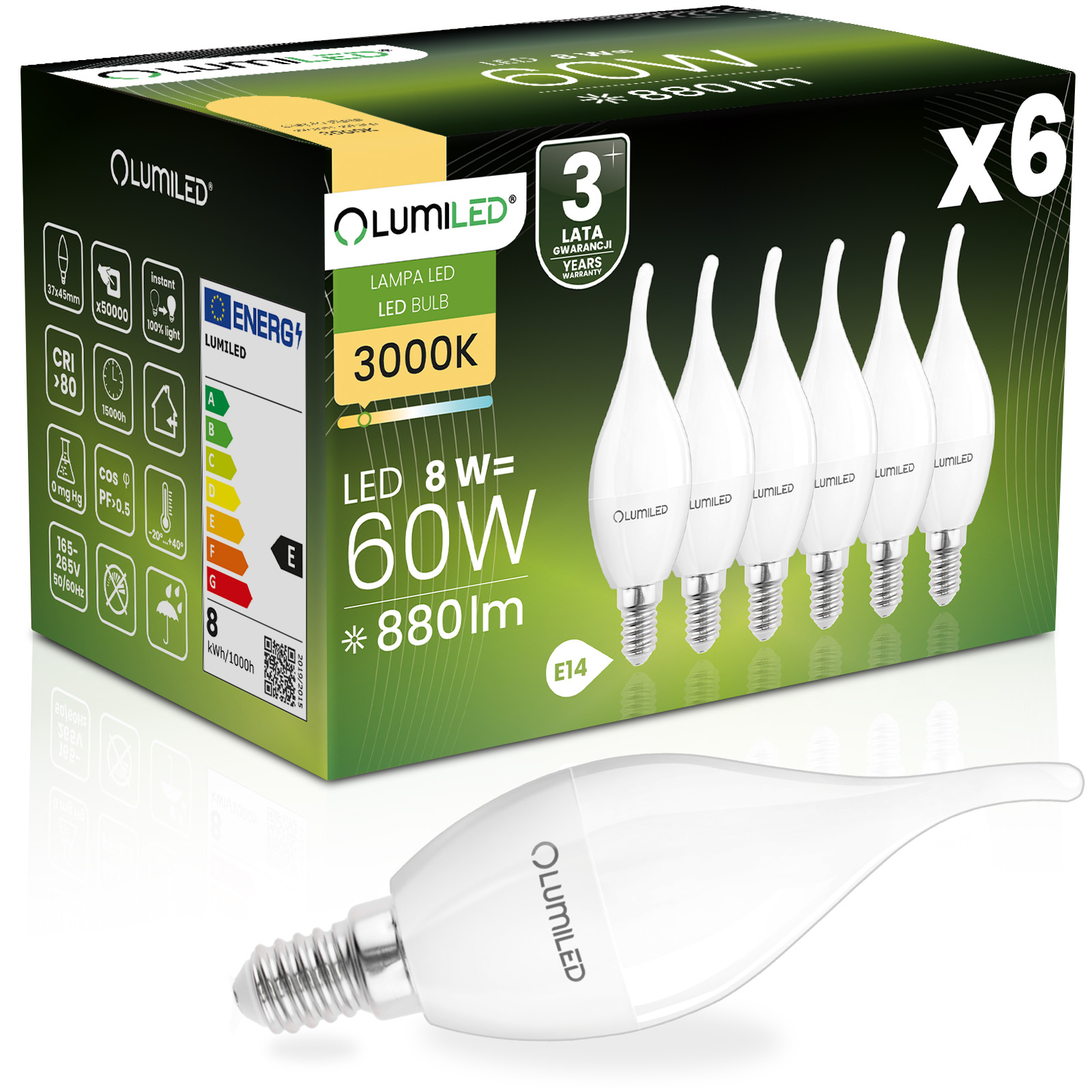 6x Led-lampe E14 Kerzenfassung Ba35 8w = 60w 880lm 3000k Warmweiß 180° Abstrahlwinkel