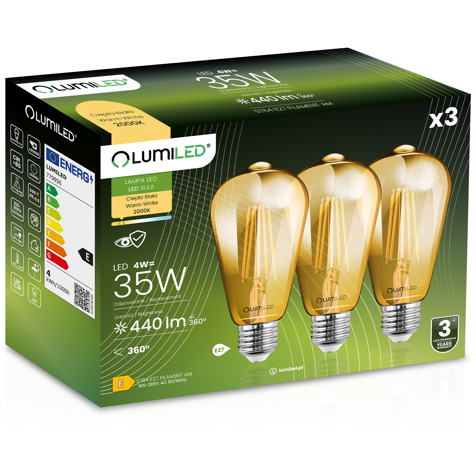 3x Led-lampe E27 Edison St64 4w = 35w 440lm 2000k Warmweiß 360° Leuchtstoffröhre