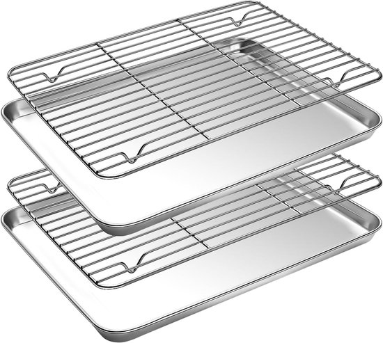 2 Teiliges Set Kleines Backblech Mit Rost Backform Aus Edelstahl Backofen Backblech 23,5 X 17,5 X 2,5 Cm Silber