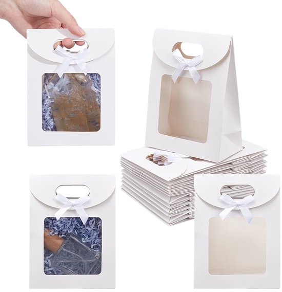 24 Weiße Geschenktüten Mit Sichtfenster Stehend Mit Henkeln Kleine Beutel Zum Zubinden Für Süßigkeiten Und Kekse Hochzeits Und Für Geschäft Und