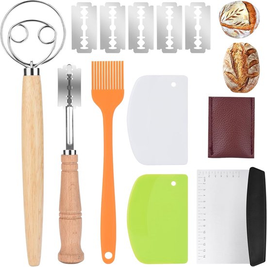 Brotbackset Mit Gärkorb, Zubehör, Mehlrührer Aus Edelstahl Und Brotmesser