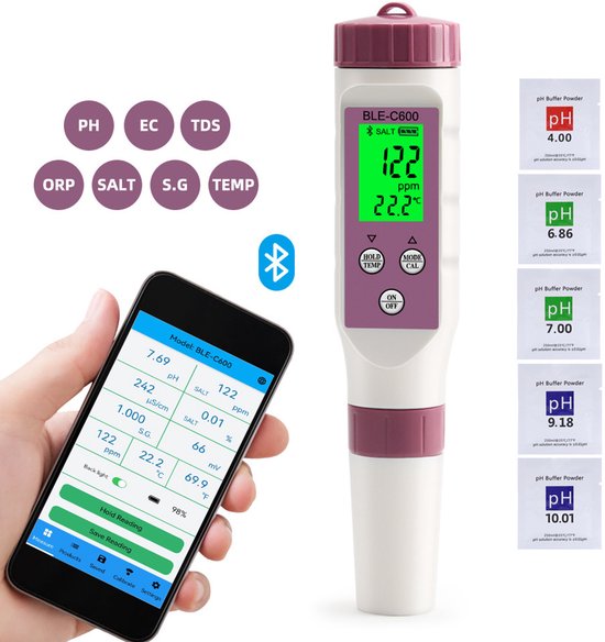 Digitales Ph Meter, 7 In 1 Bluetooth Ph, Tds, Ec, Orp, Sg Stifttester Für Salzgehalt Und Temperatur 0,01 Hohe Präzision Für Den Heimgebrauch, Hyd