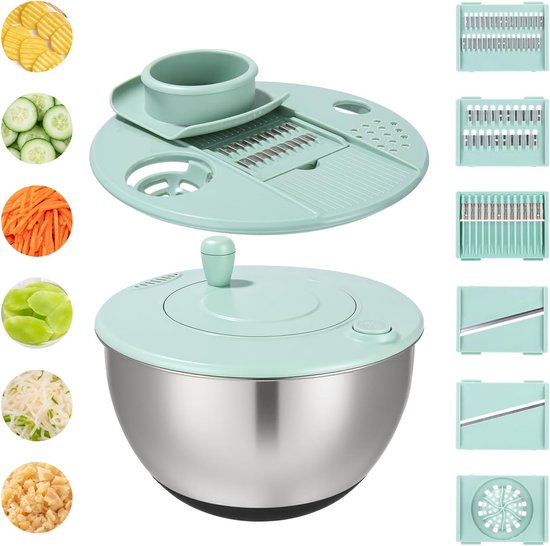 Multifunktionale Salatschleuder Mit Deckel 5 Liter, Edelstahl Wäscht, Trocknet Und Schneidet Salat, Gemüse Und Obst In Einem Gerät Inklusive 6 Ed