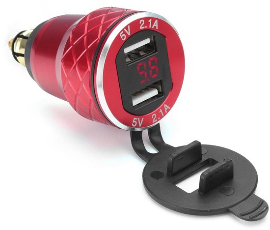 Allecto – 12v–24v Voltmeter – Dual-usb – Wasserdicht – Rot – Smartphone-ladegerät – Geeignet Für Motorräder – Stil