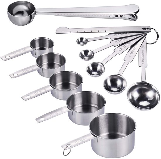 Dailygoods Messbecher Set, 12 Teilig Messbecher Und Messlöffel Aus Edelstahl Klare Skala Für Flüssigkeiten Und Trockene Zutaten Inklusive Messlin