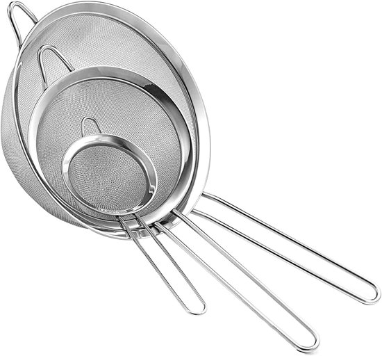 Küchensieb-set – Abtropfsieb-set – Lebensmittelzubereitung – Edelstahlgewebe – Drei Größen – Silber