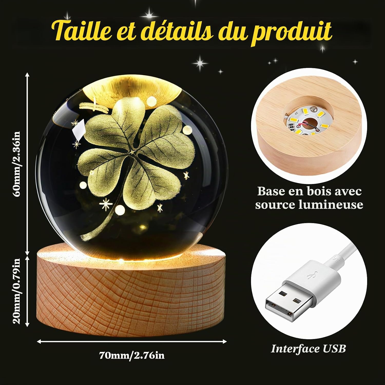 60-mm-kristallkugel – Vierblättriges Kleeblatt – Glücksbringer – Glas-nachtlicht Mit Holzsockel – Kleines Geschenk Für Kinder, Freunde, Paare, Geburtstage