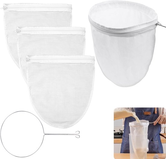 4er Pack Filterbeutel Mit 1 Stahlring Waschbares Filtertuch Wiederverwendbarer Filterbeutel Baumwollfilterbeutel Für Saft, Milch, Kaffee, Nussmil
