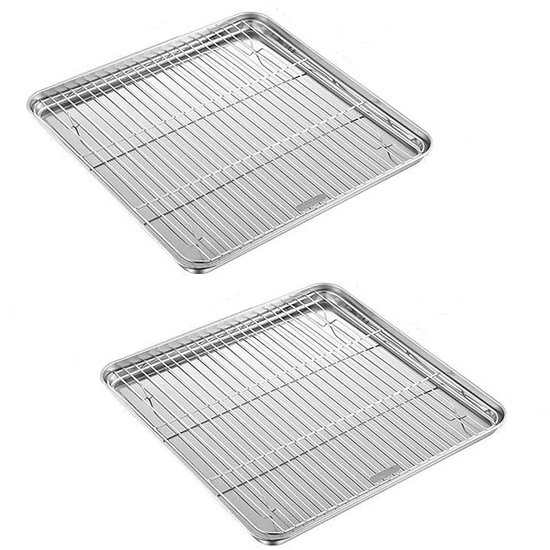 2 Teiliges Backform Set Aus Edelstahl Quadratisches Backblech Aus Edelstahl Keksblech Mit Rost 25 X 25 X 2,5 Cm Zum Backen Von Keksen, Zimtschnec