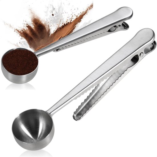 2x Dosierlöffel Aus Edelstahl Mit Clip Löffel Für Kaffeepulver, Tee Und Kräuter Clip Zum Verschließen Von Beuteln Spülmaschinenfest (silber 20 Ml