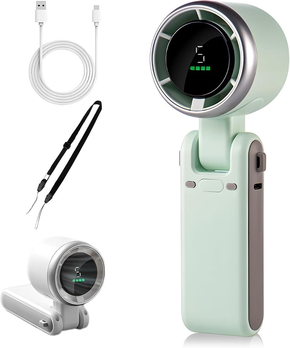 Tragbarer Handventilator – Nackenventilator – Mini-ventilator – Usb-aufladbar – Led-anzeige – 5 Helligkeitsstufen – Mintgrün