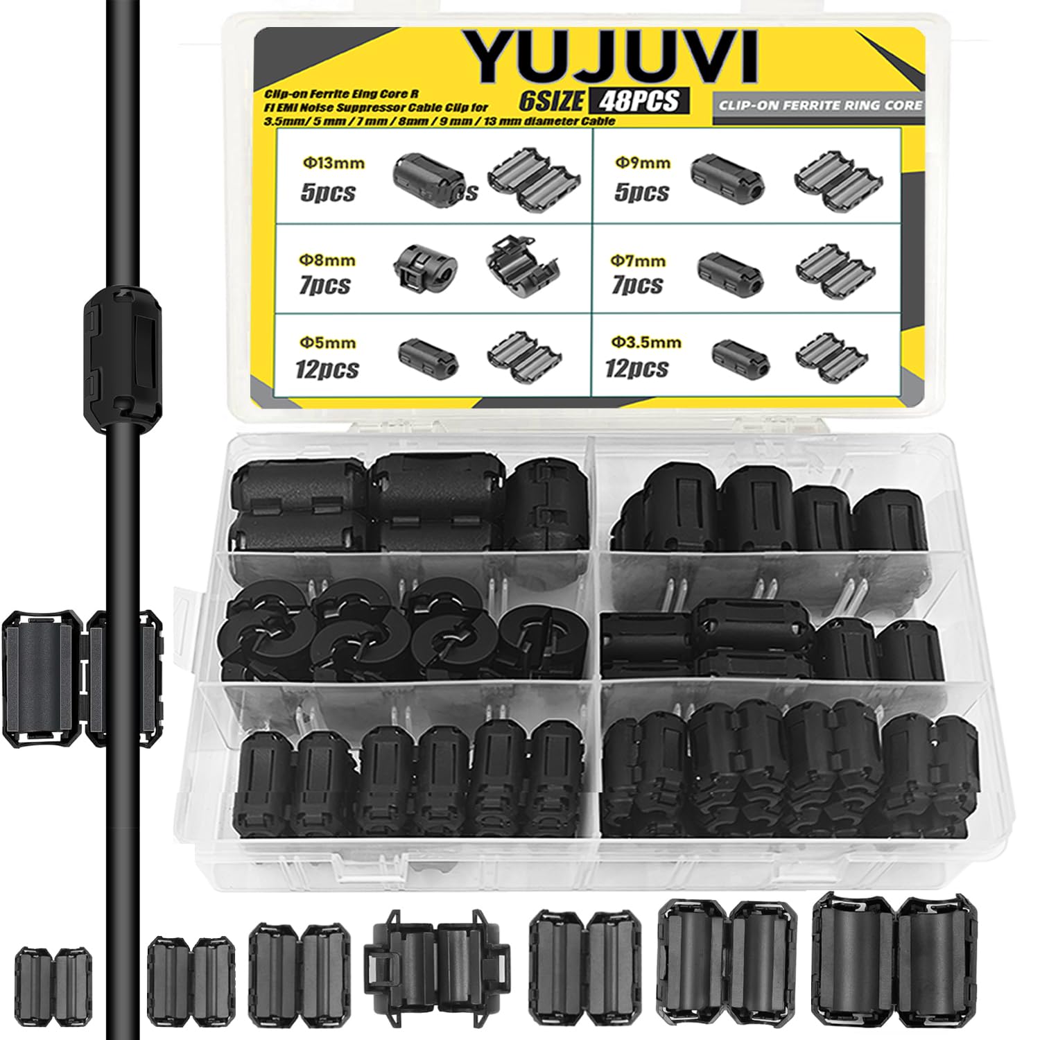 Ferritringkern, Schwarz, Zum Aufclipsen, Emi-werte 6, 48 Stück, Ferrit-anti-interferenz-magnetkern, Zum Aufclipsen, Rfi/emi-schutz Für Hdmi- Und Usb-kabel Mit 3,5 Mm Bis 13 Mm Durchmesser
