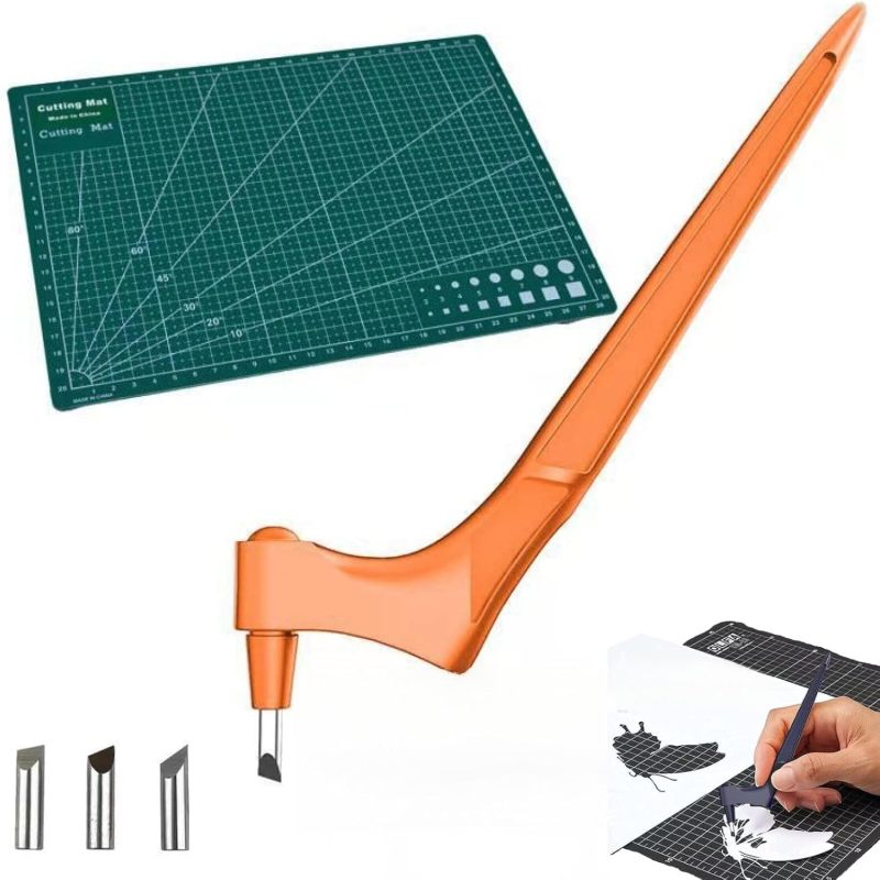 Handgefertigter Papierschneider Aus Edelstahl, 360° Drehbar, Speziell Für Scrapbooking, Mit Orangefarbener, Handgefertigter Klinge (45° + 15°), Klingenkopf Und Gravierplatte