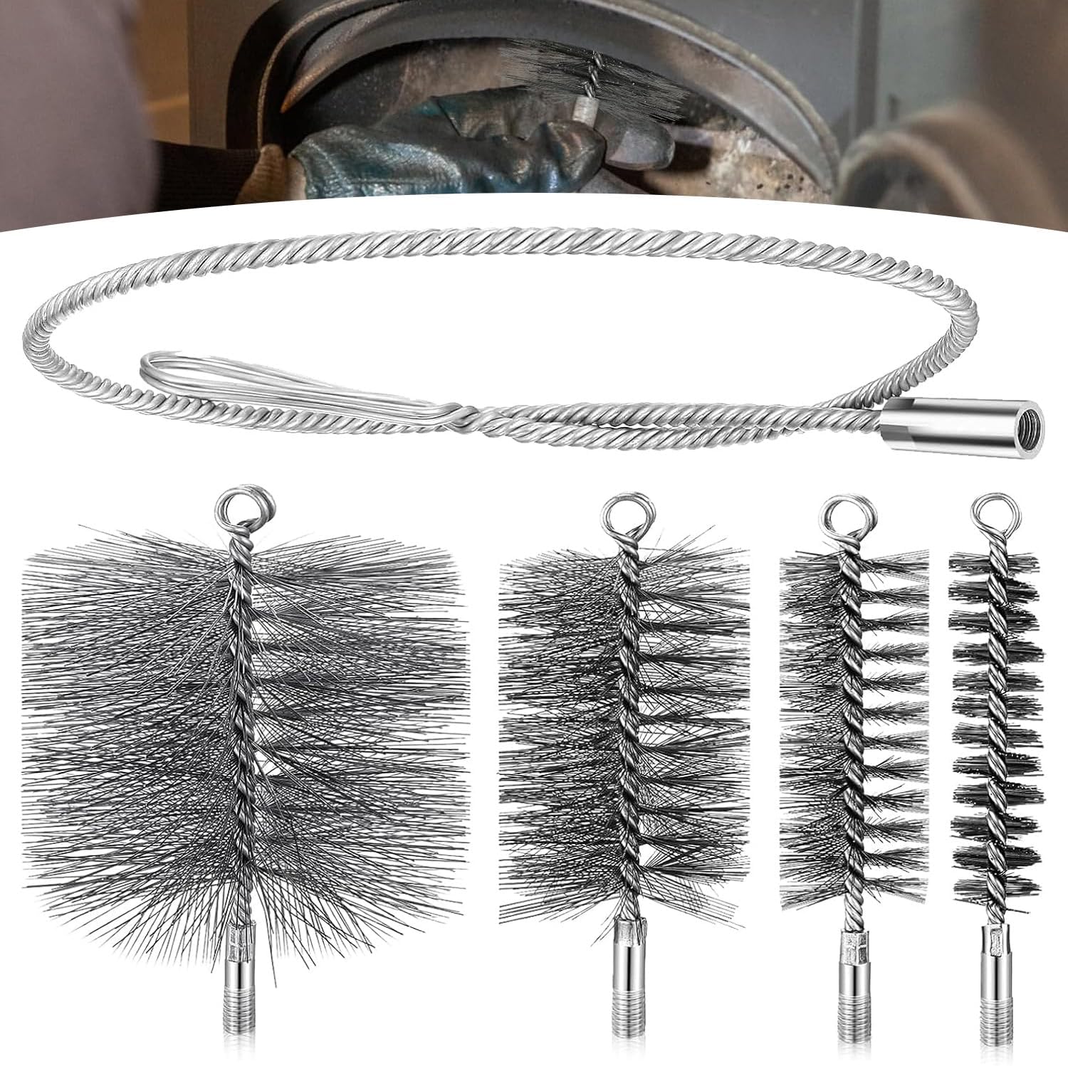 Stove Pipe Brush Set Of 4 30/50/80/150 Mm With Push Rod And 1 M Steel Wire For Chimney Stove Pipe Flue Pipe Cleaning