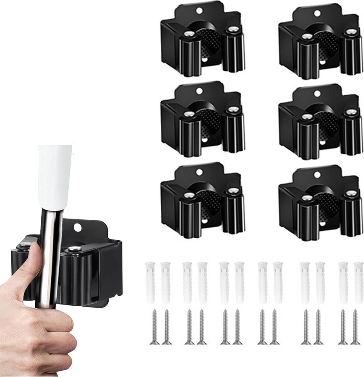 Mopphalter – 6-teilig – Besenhalter – Besenaufhängungssystem – Wandhalterung – Türhänger – Badezimmeraccessoires – Küchenaufbewahrung – Werkzeughalter – Organizer-haken – Gartengeräte – Edelstahl – Sc