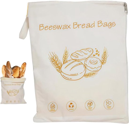 Brottasche Mit Bienenwachsfutter, 43 X 33 Cm Aufbewahrungstasche Mit Reißverschluss Und Trageschlaufe Für Selbstgebackenes Brot, Baguette Und Pic