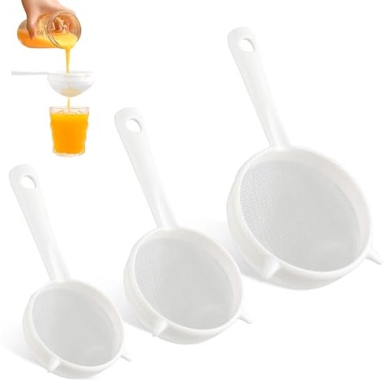 3 Teiliges Küchensieb Set Aus Kunststoff Filterset Mit 3 Siebgrößen, Rutschfesten Griffen Und Aufhängehaken Für Kefir, Mehl, Suppe, Tee Und Kaffe