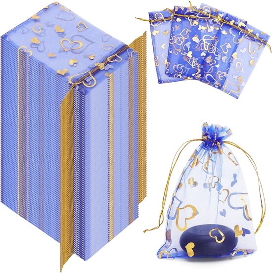 100er Packung Mit Netzgewebe Beutel Mit Kordelzug Blaue Organza Geschenktüten Mit Herzmuster Dankestüten Für Hochzeiten Süßigkeitentüten Schmuckb