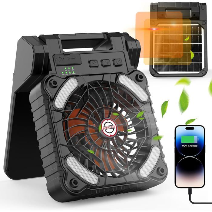 Solarventilator, 10400 Mah, Wiederaufladbarer Akku, Tragbar, Umweltfreundliches Laden, Für Camping Und Angeln