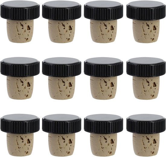 Set Mit 12 Korken Für Wein , Spirituosen , Öl Oder Essigflaschen, Aus Naturkork/kunststoff, Hellbraun/schwarz