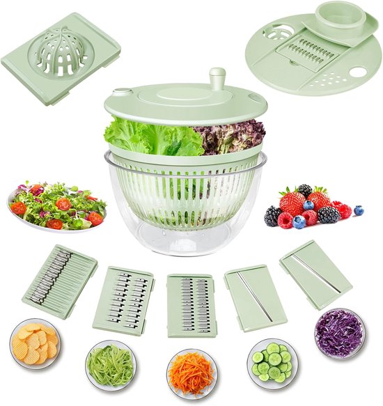 Große Salatschleuder Gemüse Und Obstschleuderschüssel Salatschleudertrockner Mit 5 Klingen Eigelbsieb Schneidemaschine Reibe Für Küchensieb Nudel Grün