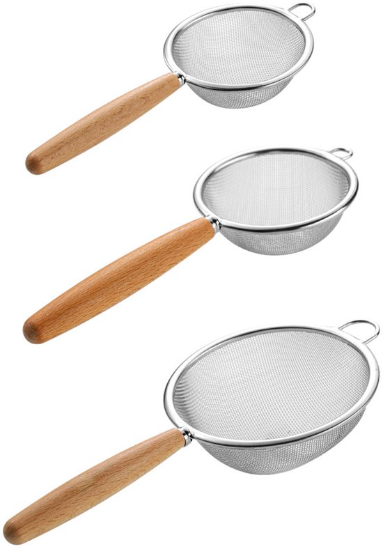 3 Hochwertige Küchenfilter Aus Edelstahl, Ölfilter/schöpfkelle Mit Holzgriff, Robustes Mehlsieb/backsieb