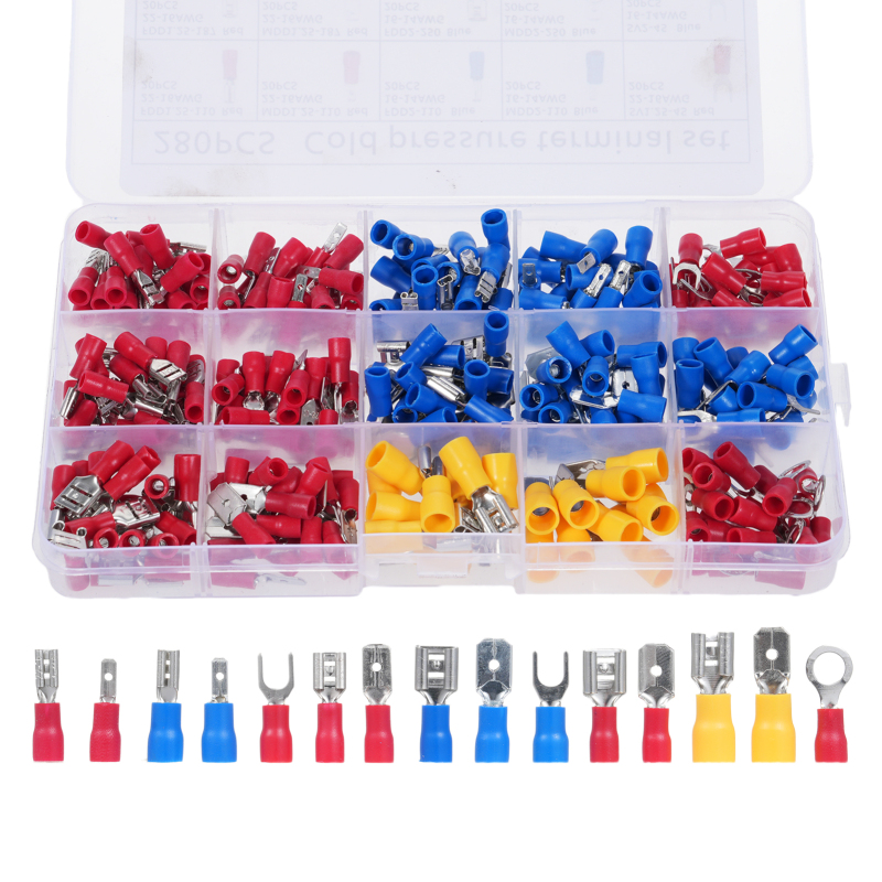 Set Mit 280 Crimp-steckverbindern Für Elektrische Leitungen, Einschließlich Isolierter Crimp-anschlüsse, Ringkabelschuhe Und Schnellanschluss-flachsteckverbinder.