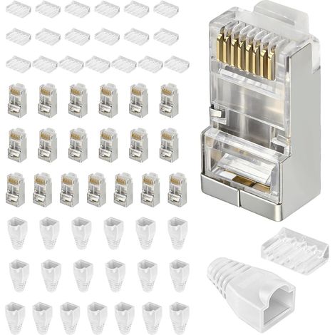 Packung Mit 20 Standardmäßigen, Geschirmten 8p8c Cat7/cat6a Rj45-steckern, 10-gbit/s-rj45-stecker (männlich), Standard-netzwerkstecker Für Installationskabel Mit Schutzbügel Und Endkappen