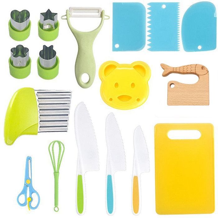 Set Mit 17 Kinderküchenmessern – Zum Schneiden Und Kochen Von Obst Und Gemüse – Inklusive Holzmesser Und Schneidebrett