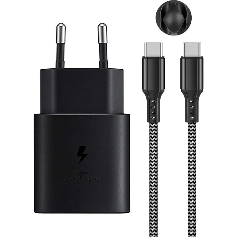 25-w-usb-c-pd3.0-schnellladegerät Für Galaxy S25/s24/s23/s22/s21/s20 Ultra/s10e/z Flip 6/z Fold 6 5g/s20 Fe/note 20/10/9/s10/s9/s8/ipad Pro 12.9, Mit 2 M Langem Nylon-typ-c-kabel (schwarz)