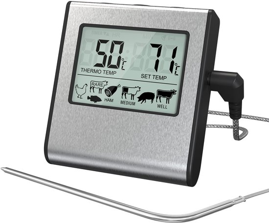 Digitales Küchenthermometer Mit Sonde Und Timer Großes Lcd-display Temperaturfühler Zum Kochen Grillen Fleisch Backofen Grill Präzise Messungen