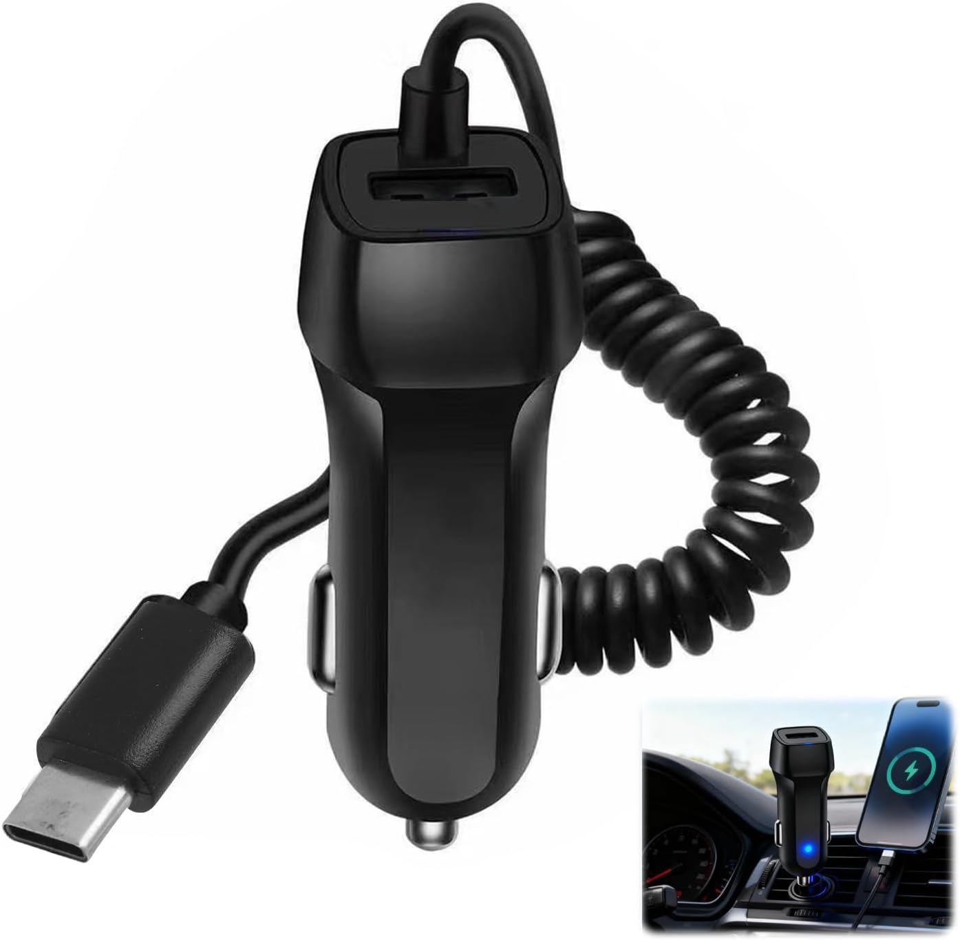 M Usb-autoladegerät, Kfz Typ-c Ladekabel, Universalladegerät Mit 2 Anschlüssen, Kompatibel Mit Iphone 16, 16e, 15, 15 Pro Und Pro Max, 3,1 A Schnellladung, Spiralkabel, Schwarz