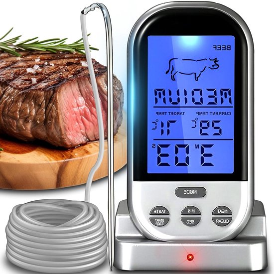 Digitales, Kabelloses Fleischthermometer Mit Ofensonde – Grillen, Backen, Braten – Temperaturbereich Bis 250 °c – 1 M Kabel