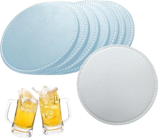 Allecto Plus – 10 Hellblaue, Silberfarbene, Rutschfeste Untersetzer Aus Leder Für Biergläser