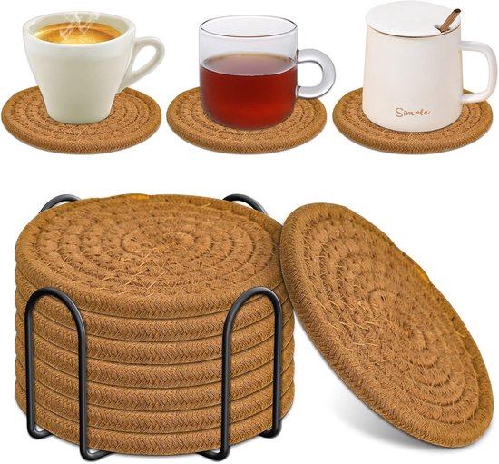 Set Mit 8 Untersetzern (inklusive Aufbewahrungsgestell), Wasserabsorbierende Untersetzer, Set Aus Gewebter Baumwolle Im Minimalistischen Stil, Ta