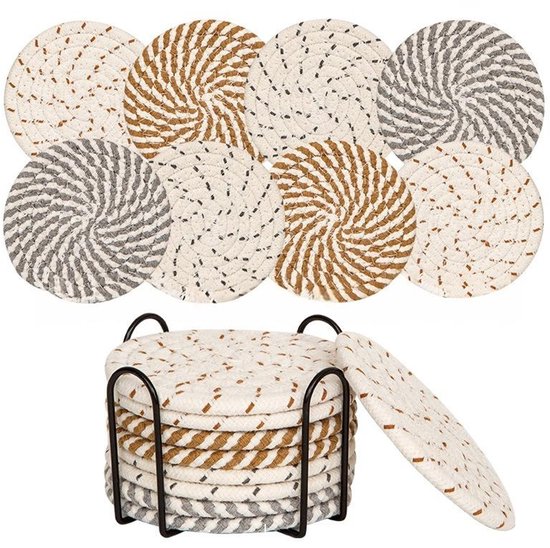 Set Mit 8 Untersetzern (inkl. Aufbewahrungsgestell), Wasserabsorbierende Untersetzer, Für Couchtische, Minimalistisches Set Aus Gewebten Baumwoll