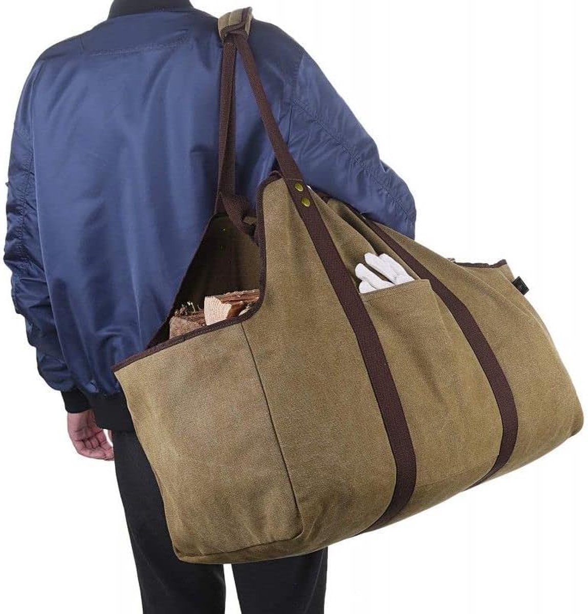Holzkorb – Brennholzkorb – Kaminkorb – Kaminkorb – Brennholzaufbewahrung – Khaki – Canvas – 60 X 30 X 50 Cm – Aufbewahrungstasche – Küchenorganizer – Aufbewahrungstaschen – Großes Fassungsvermögen – F
