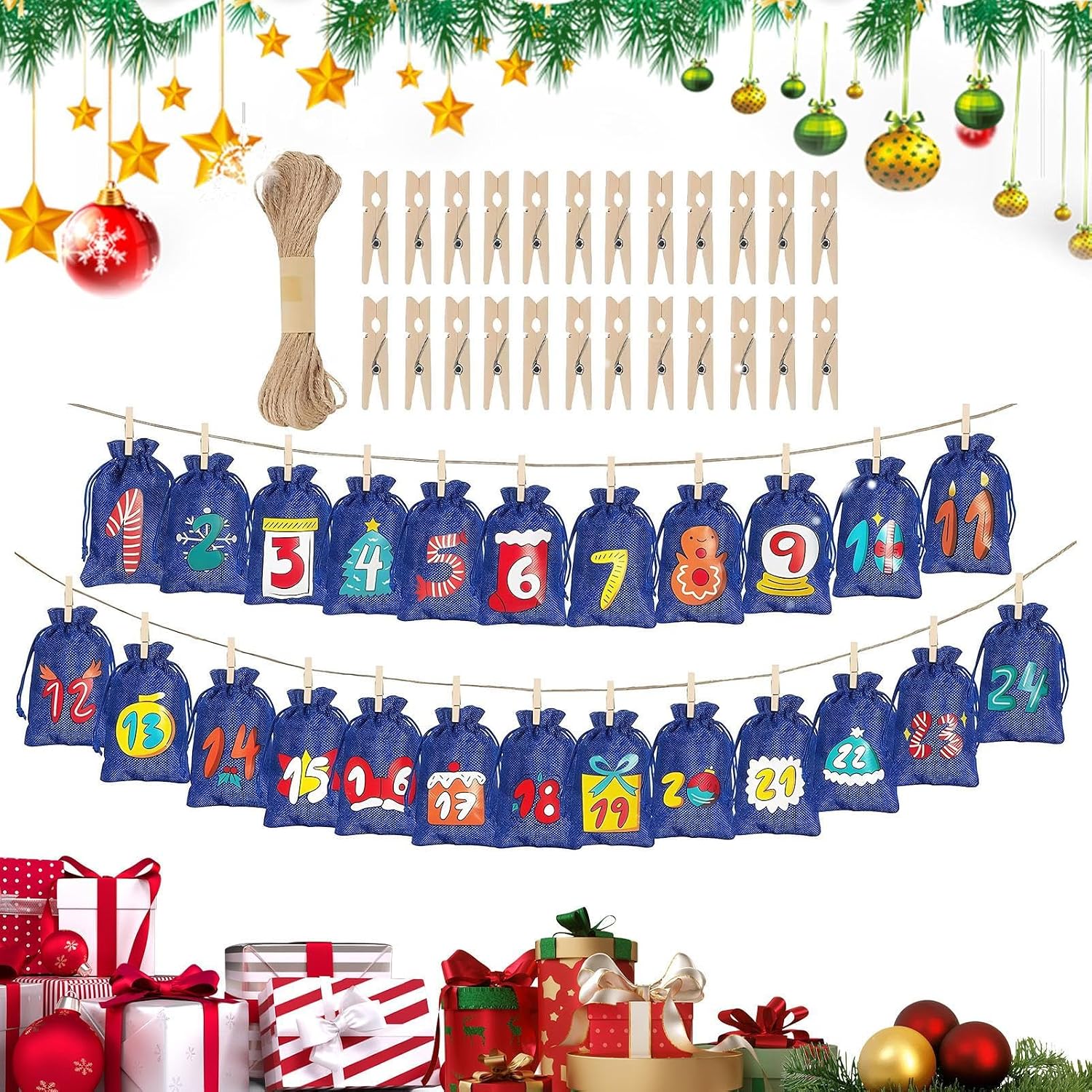Wiederverwendbare Adventskalenderbeutel Für 24 Tage Beutel Zum Befüllen Mit Zahlen Für Süßigkeiten, Schokolade, Schmuck Und Snacks
