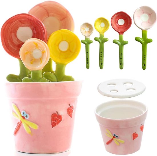 Blumenförmiges Messlöffel Set Im Topf. Einzigartige Backgeschenke. Niedliche Messbecher Und Löffel Aus Keramik Mit Halterung Für Trockene Und Flü