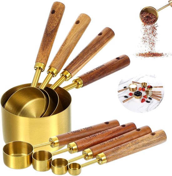 Set Mit 8 Messbechern Und Löffeln Holzgriffe Us-größe Messbecher Für Trockene Und Flüssige Zutaten Zum Kochen Und Backen Goldfarbene Edelstahl