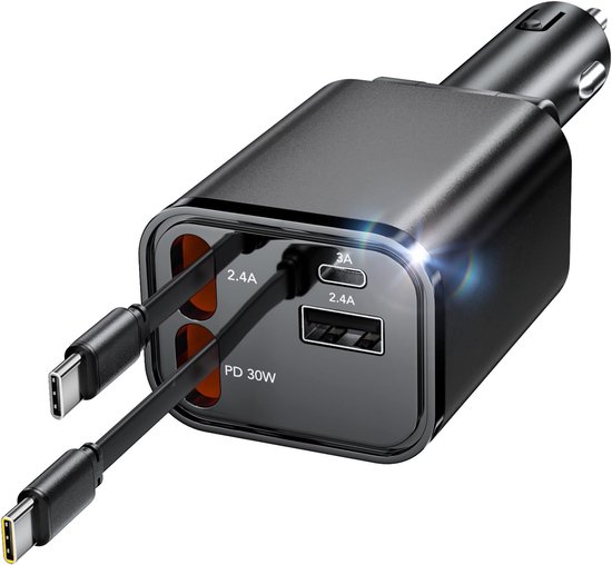 4-in-1 Usb-c-autoladegerät 69-w-zigarettenanzünder-ladegerät Zwei Einziehbare Usb-c-kabel Und 2-port-usb-adapter Geeignet Für Galaxy Google Pixel
