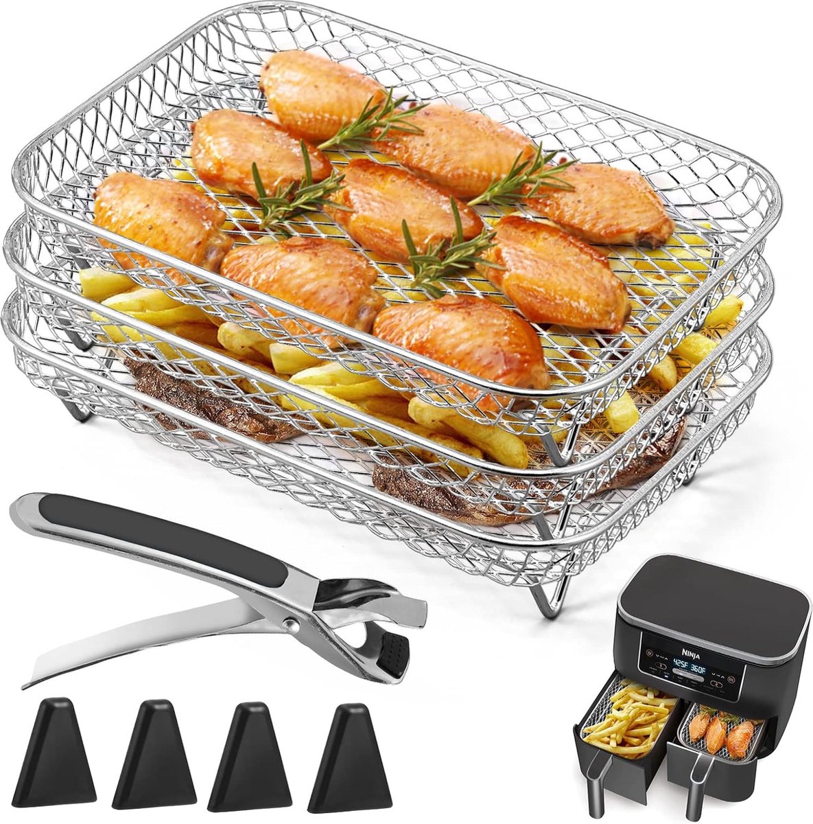 Dreilagiger Dörrrost – Airfryer-rost – Mit Klemme Und Füßen – Dörrrost Für Airfryer-öfen – Quadratisches Edelstahl-zubehör Für Airfryer Mit Doppelkorb