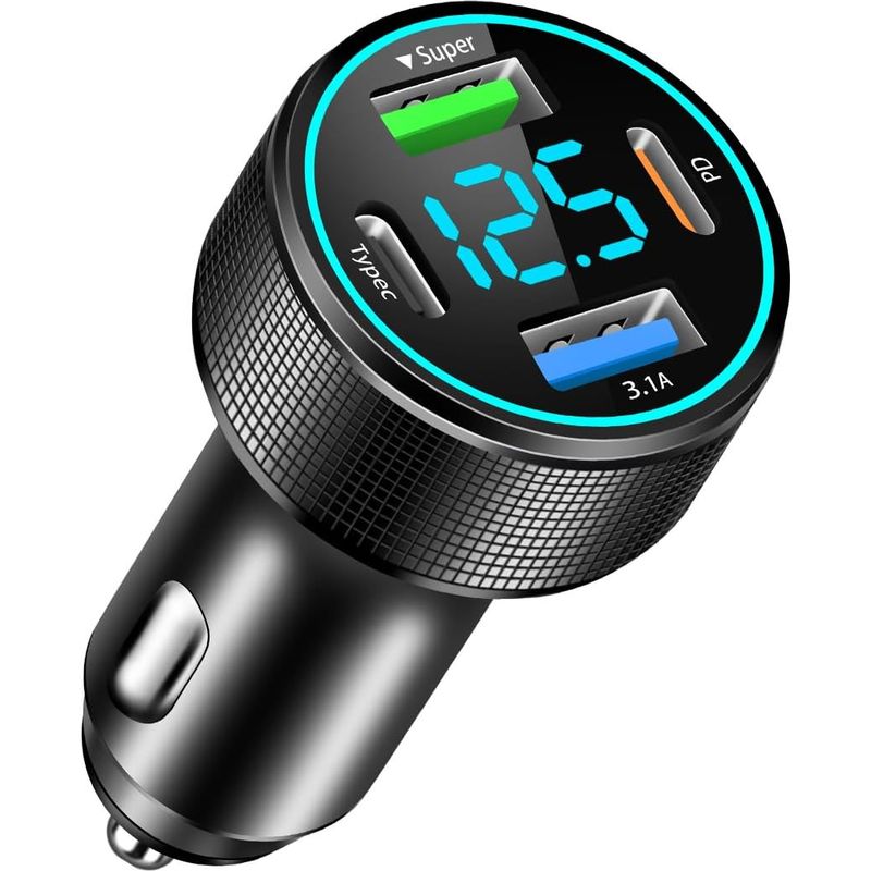 4-port-usb-autoladegerät, 66w Qc3.0 & 30w Pd Usb-autoladegerät Mit Led-voltmeter, Kompatibel Mit Ios, Android Und Tablets