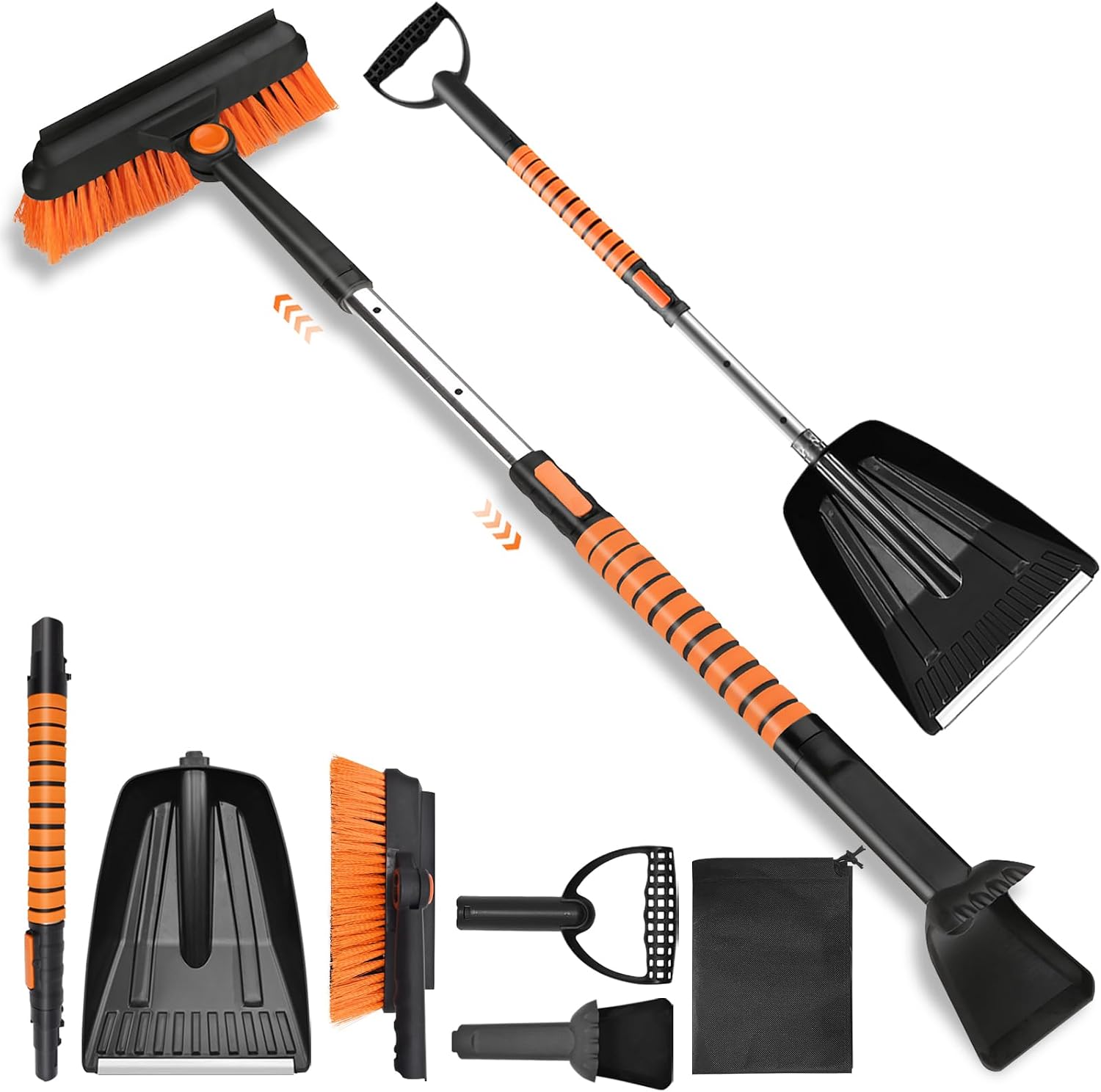 4-in-1 Auto-windschutzscheibenkratzer Mit Schneeschaufel, Bürste Und Abzieher, Ausziehbarer Eiskratzer Mit Besen, Frostkratzer Für Pkw, Lkw Und Suvs, Orange