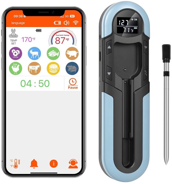Kabelloses Fleischthermometer Mit Bluetooth, Digitales Thermometer Mit Integrierter Funkfunktion Für Die Küche, Zwei Sensoren, Wasserdicht (ip66)
