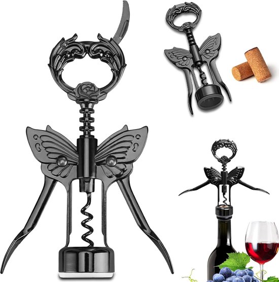 Flaschenöffner In Form Eines Schmetterlingsflügels (mit Kapselbecher), Geeignet Für Alle Korken, Geschenk Für Weinliebhaber (schwarz)